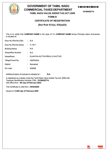 India Tamil Nadu VAT registration certificate Word and PDF template